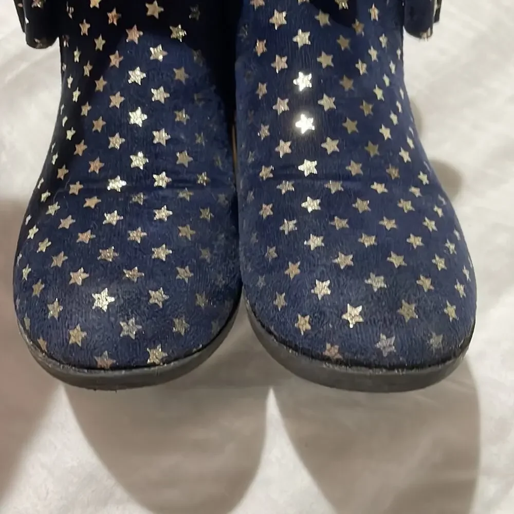 Tahari 12 navy blue gold stars ankle boots side zipper rubber soles guc fez